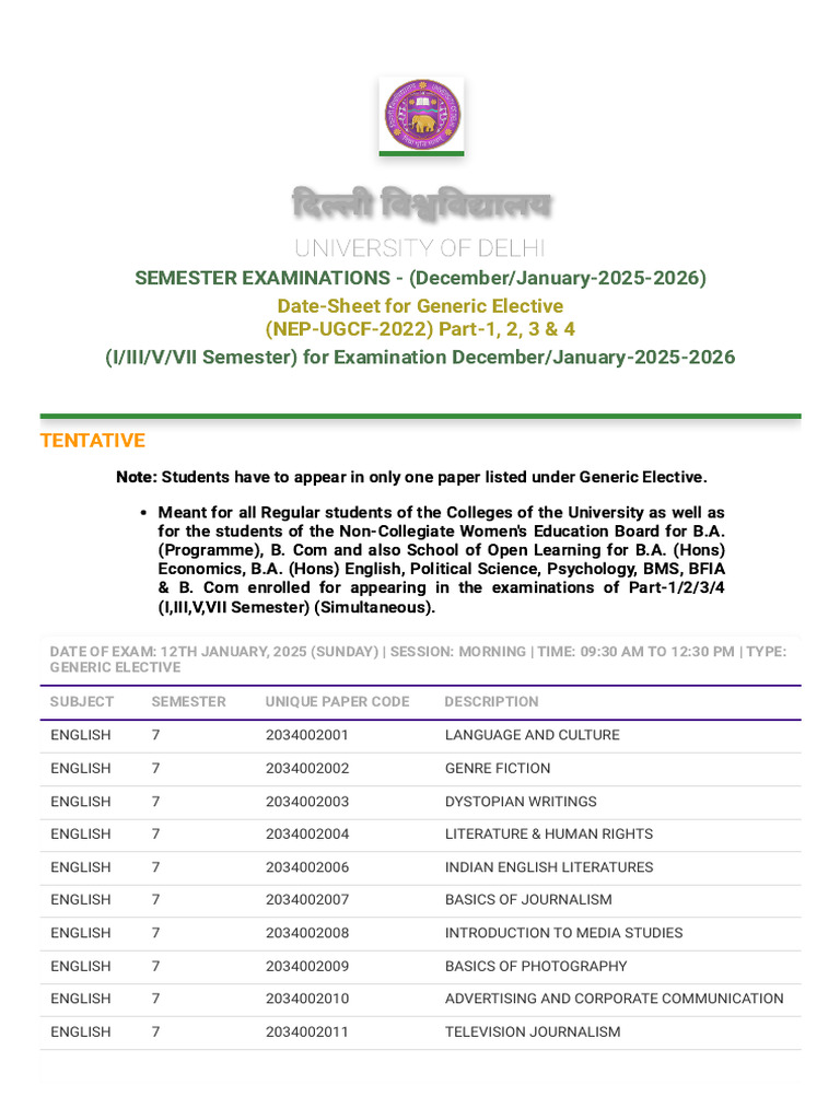 Delhi University Generic Elective Exam Schedule | PDF | Chemistry | Physics