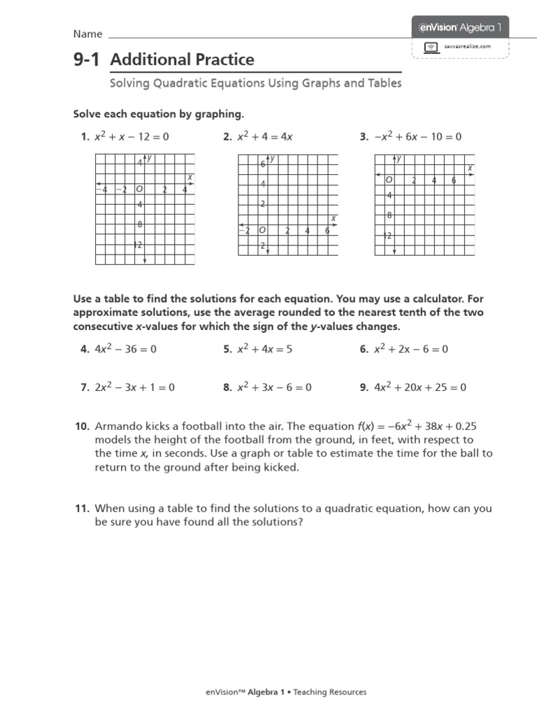 9-1 - Additional Practice Solving Quadratic Equations Using Graphs and ...