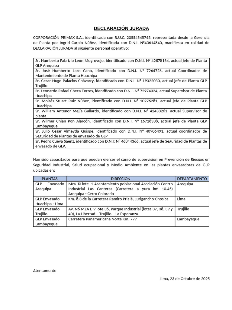 Declaración Jurada de Personal Encargado Ssoma en Planta | PDF