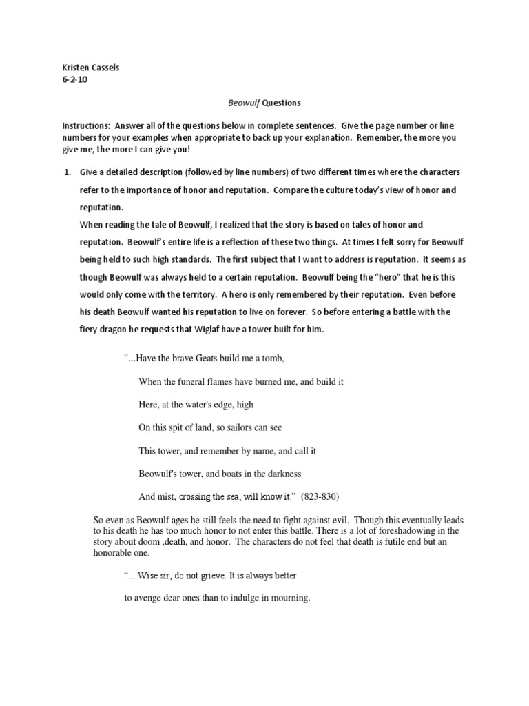 Beowulf Questions Beowulf Leyendas heroicas inglesas
