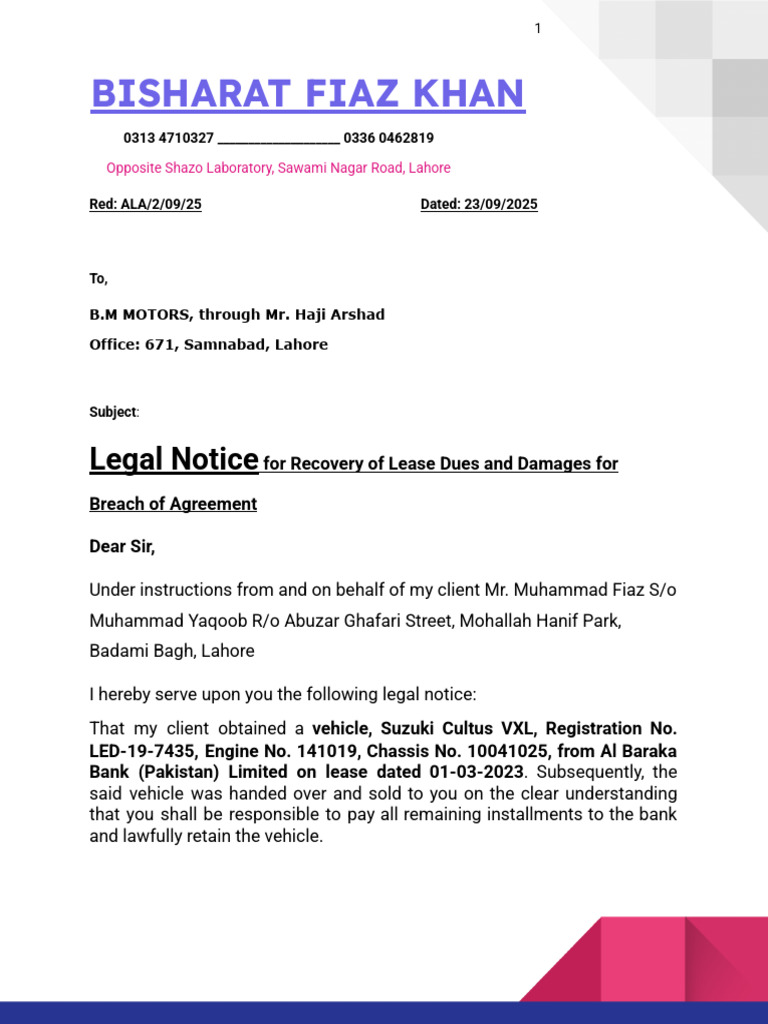 Legal Notice for Vehicle Lease Recovery | PDF | Justice | Crime & Violence