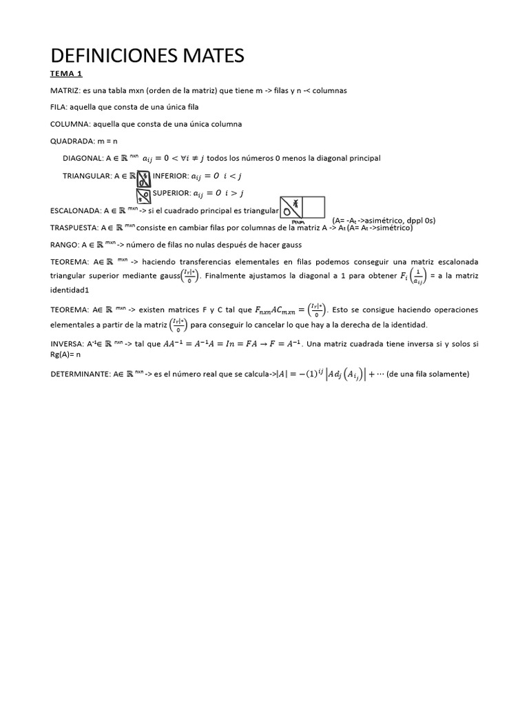 Definiciones de Matrices y Espacios Vectoriales | PDF | Base (álgebra ...