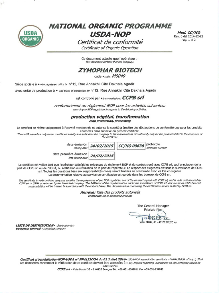 USDA Certificat - 1 | PDF