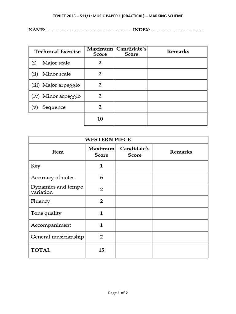 TENJET 2025 Music Practical Marking Scheme | PDF