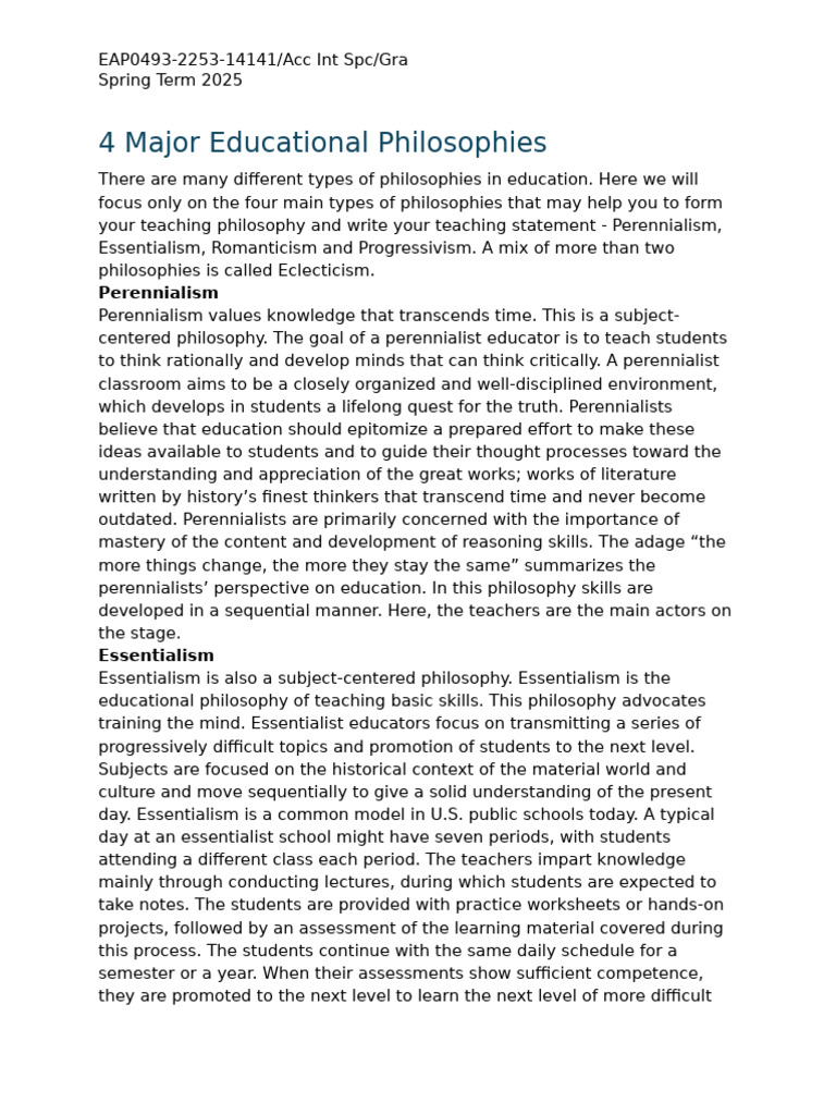 Four Major Educational Philosophies | PDF | Philosophy Of Education ...