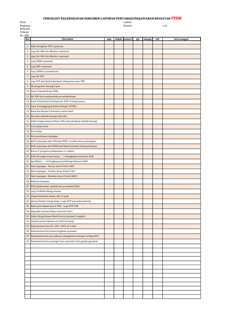 Checklist Dokumen Laporan Kegiatan Fisik | PDF