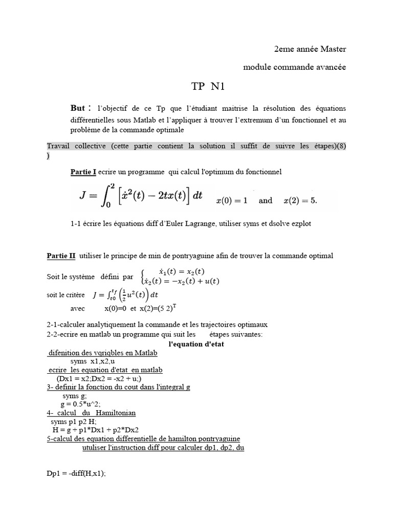 Commande optimale avec Matlab en Master | PDF | Commande optimale ...
