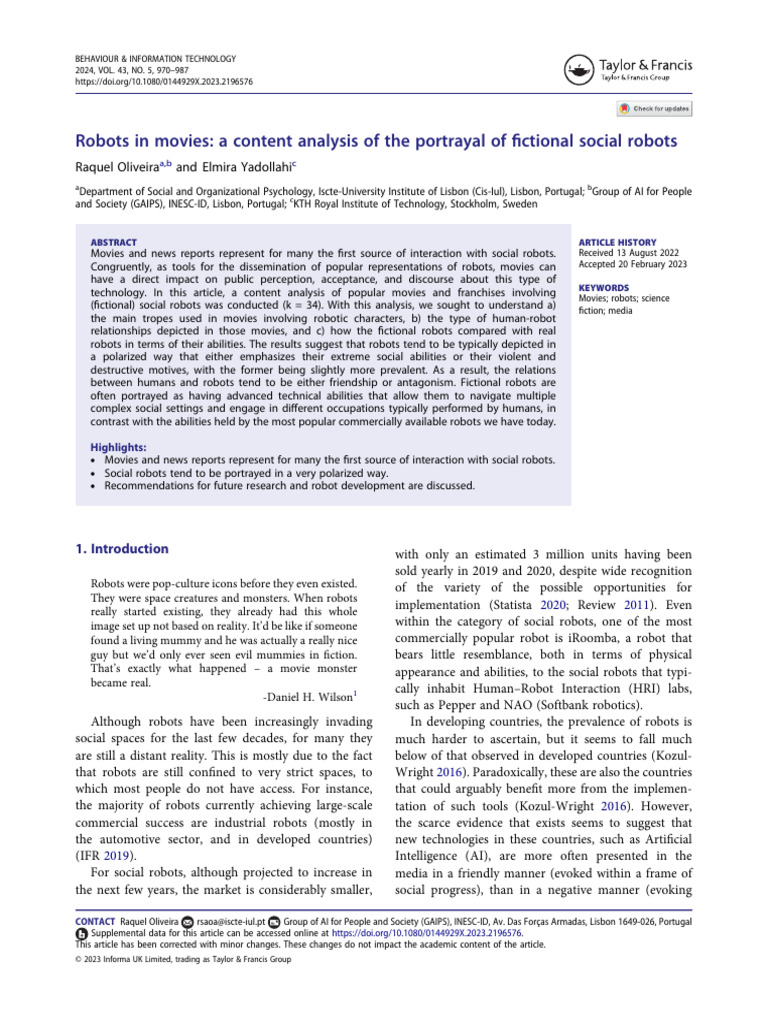Social Robots in Movies: A Content Analysis | PDF | Robot | Robotics