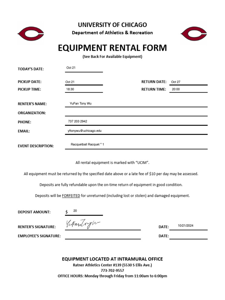 University of Chicago Equipment Rental Form | PDF | Sports | Ball Games