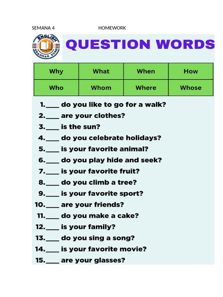 Homework Wh-Question Words +be | PDF