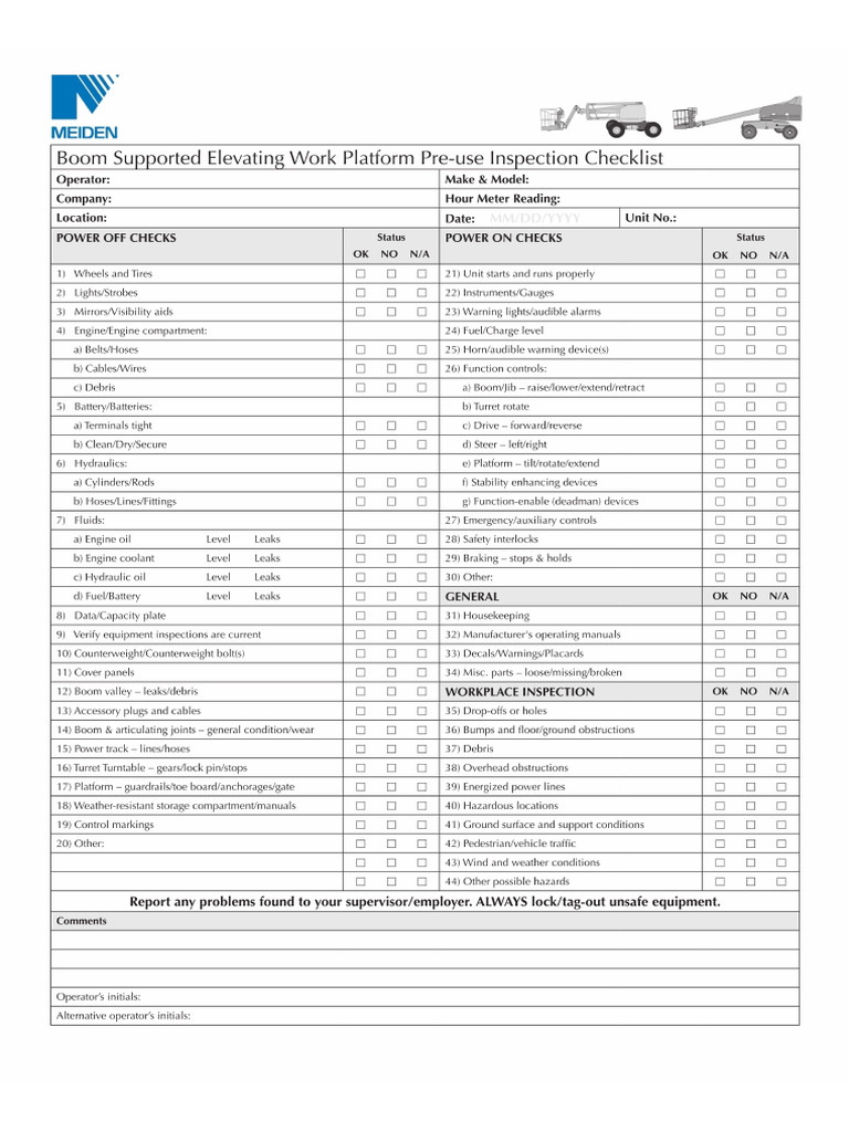 Check Boomlift Pre Use Inspection | PDF