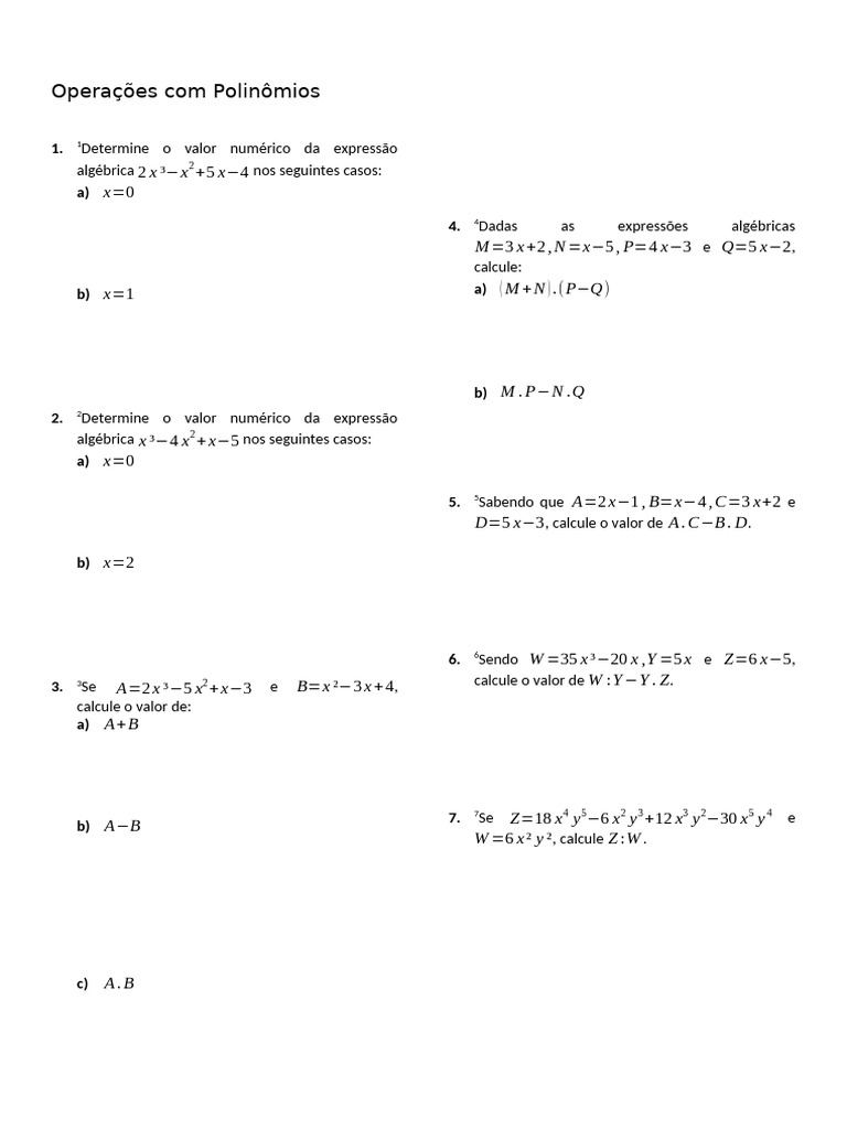 Operações e Cálculos com Polinômios | PDF