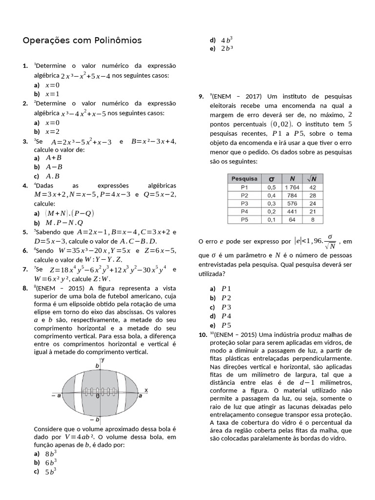 Operações e Cálculos com Polinômios | PDF | Matemática