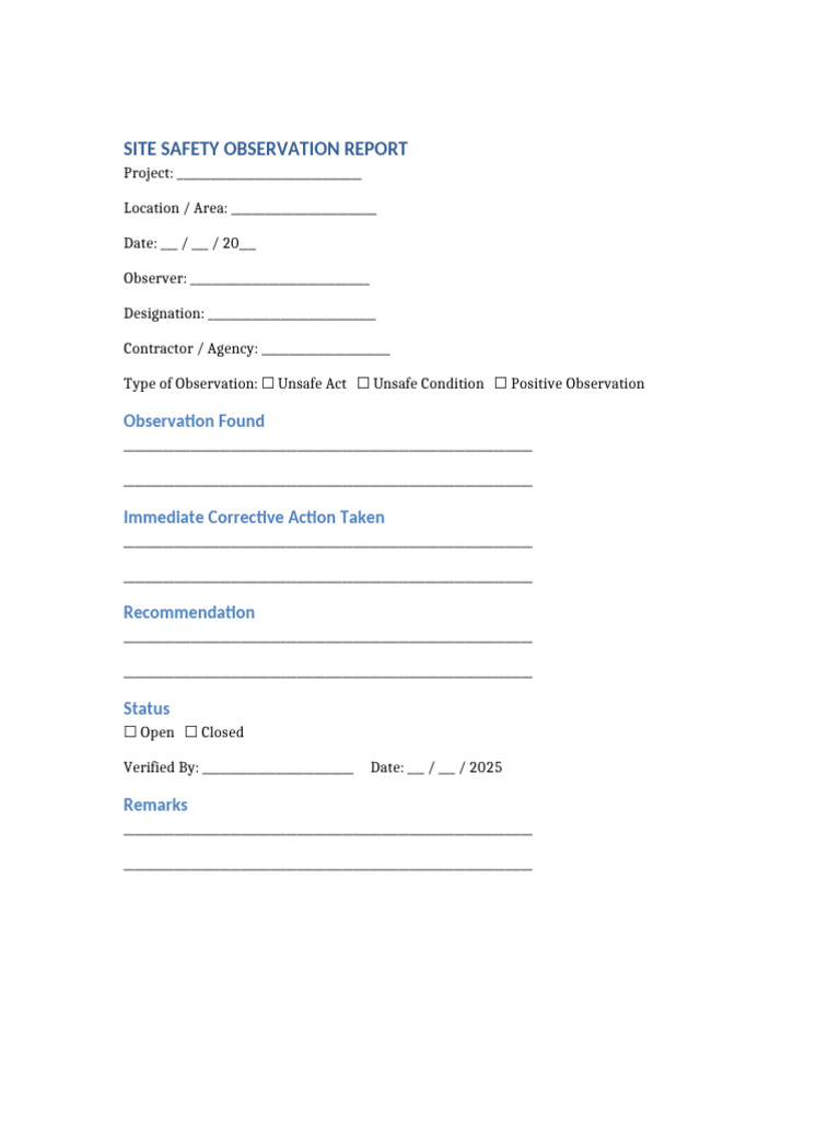 Site Safety Observation Report Template | PDF