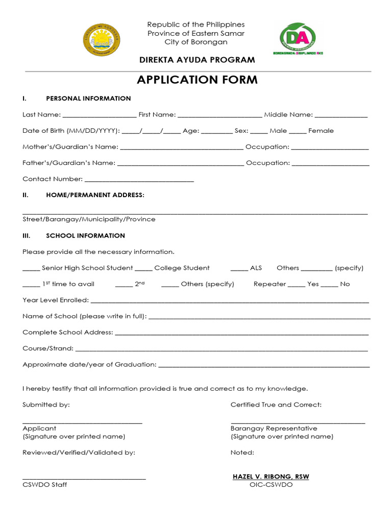 Direkta Ayuda Program Application Form | PDF