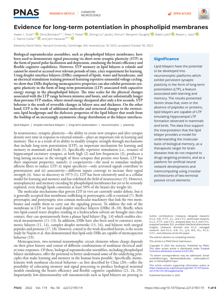 Evidence For Long-Term Potentiation in Phospholipid Membranes | PDF ...