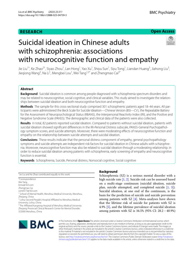 Suicidal Ideation in Chinese Schizophrenia | PDF | Empathy | Schizophrenia