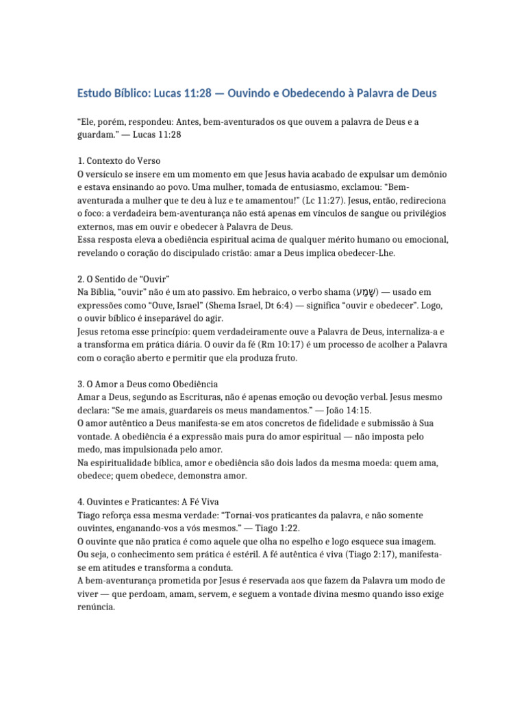 Ouvindo e Obedecendo a Deus em Lucas 11:28 | PDF | Amor | Fé