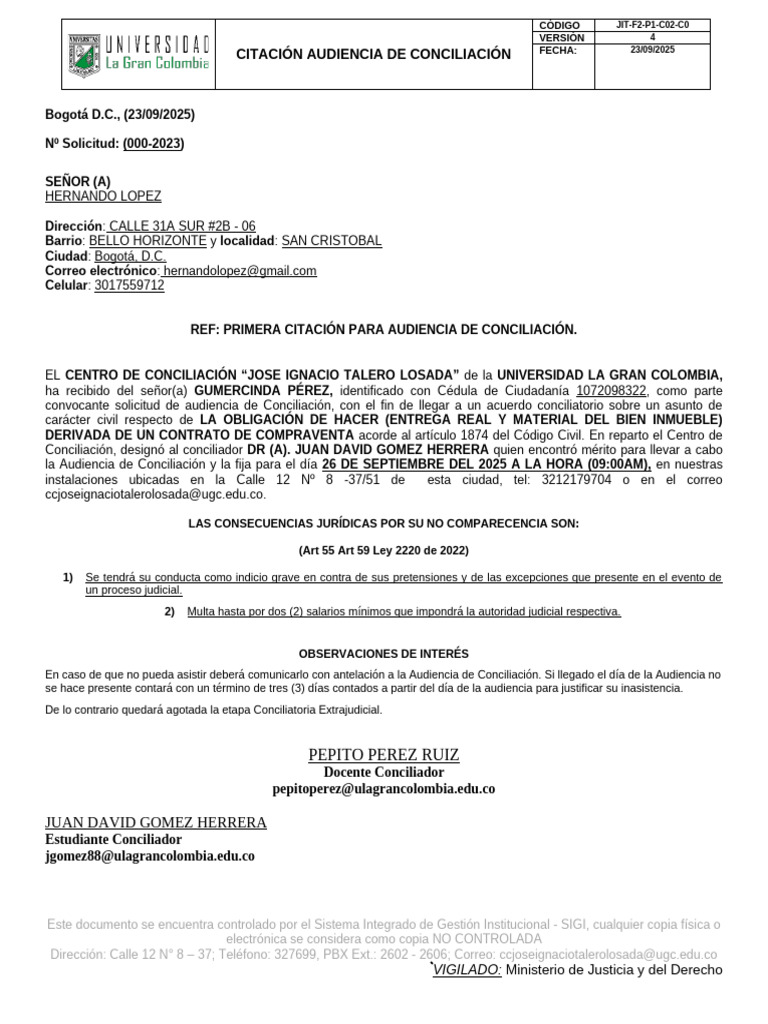 Citacion Audiencia de Conciliacion | PDF | Justicia | Crimen y violencia