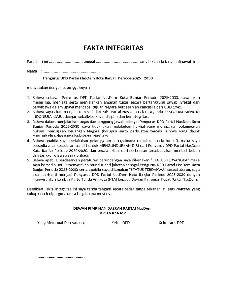 Fakta Integritas Pengurus DPD Partai Nasdem 2025 | PDF