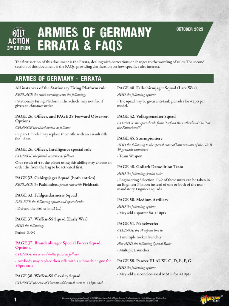 Germany Armies Errata & FAQs Guide | PDF | Military Technology ...