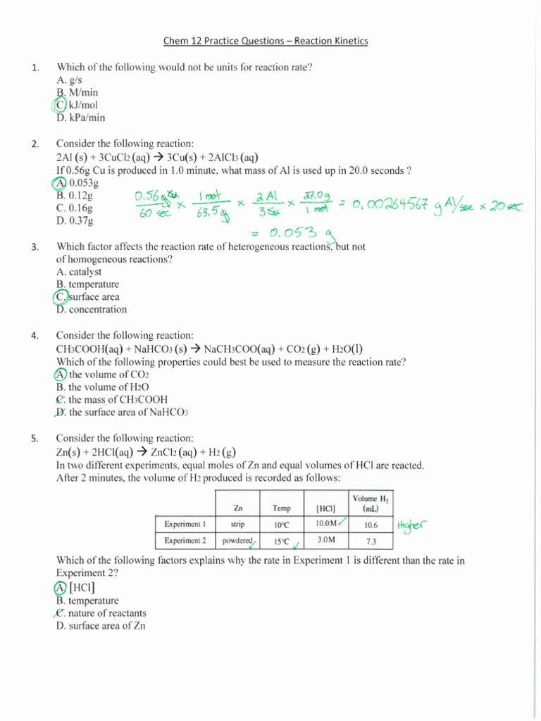Reaction Kinetics Practice Key | PDF