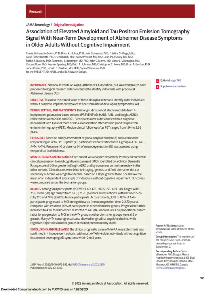 Amyloid and Tau PET Predict Alzheimer Risk | PDF | Alzheimer's Disease ...