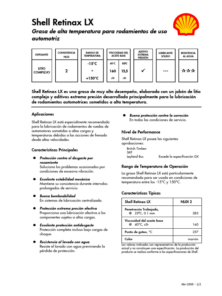 Grasa Shell Retinax LX para Rodamientos | PDF | Rodamiento (Mecánico ...