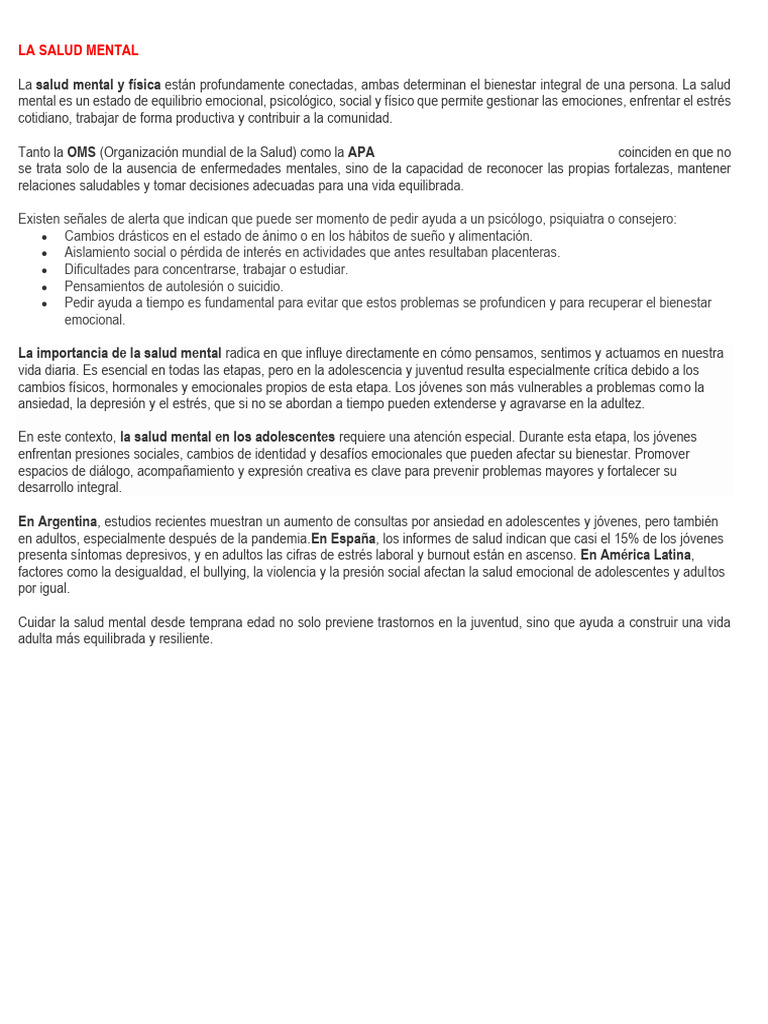 Salud Mental en Adolescentes y Jóvenes | PDF | Salud mental | Adultos