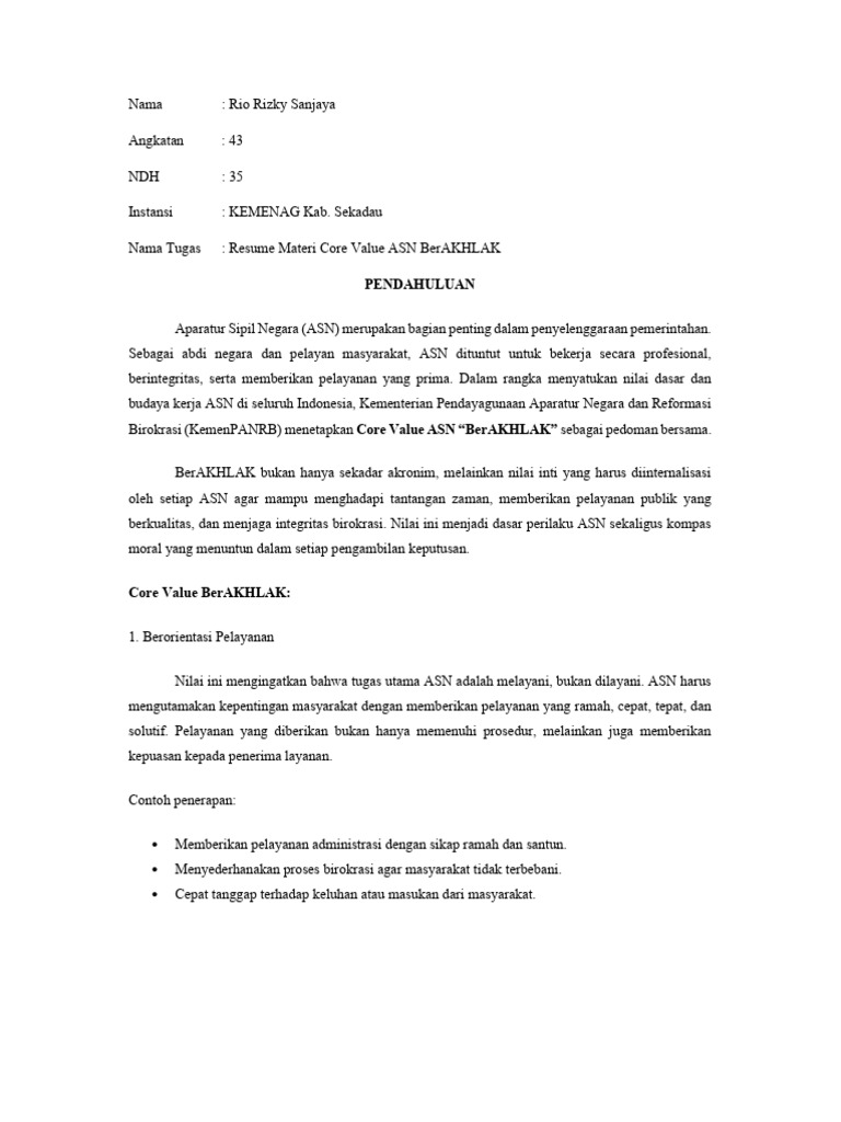Core Value ASN BerAKHLAK: Panduan Utama | PDF