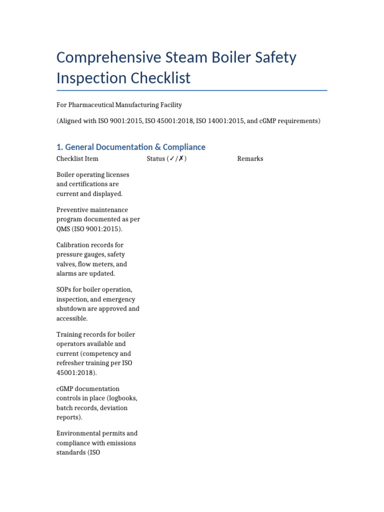 Steam Boiler Safety Checklist for Pharma | PDF | Boiler | Combustion
