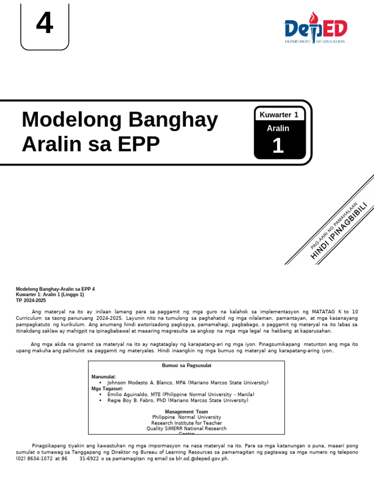 Q1 LE EPP 4 Lesson 1 Week 1 | PDF