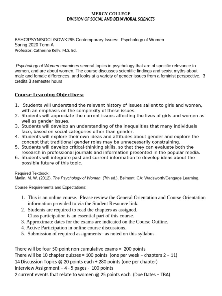 Psychology of Women Syllabus Spring 2020 | PDF | Gender | Gender Studies