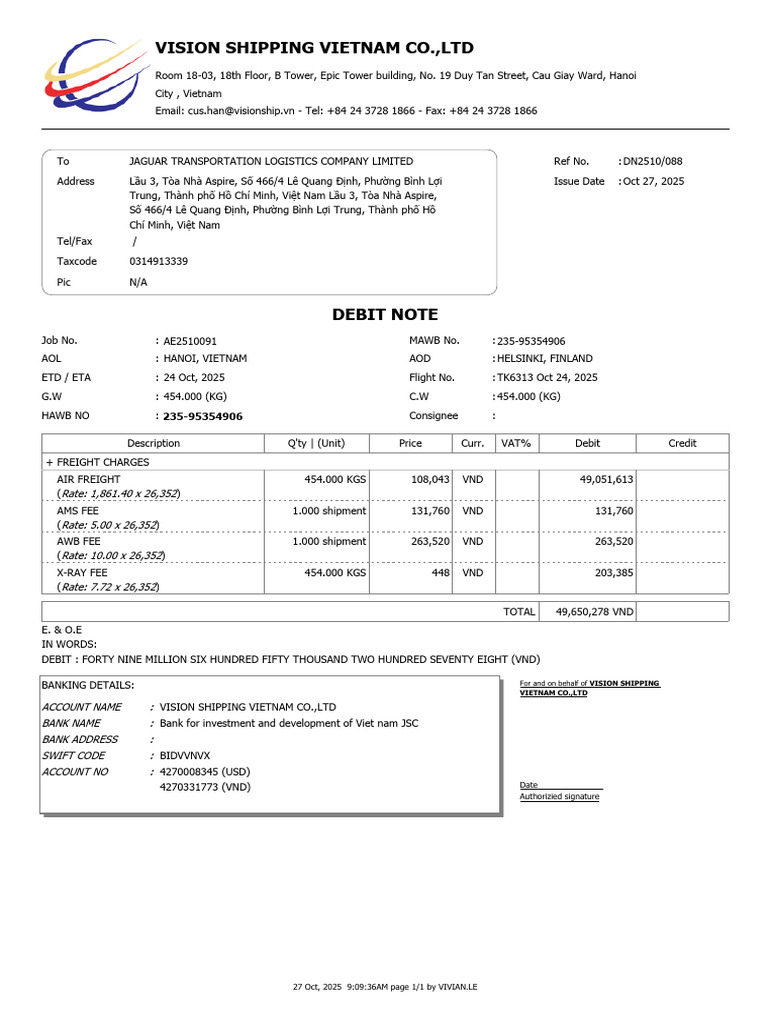 Debit Note 235-95354906 Vision | PDF | Vietnam