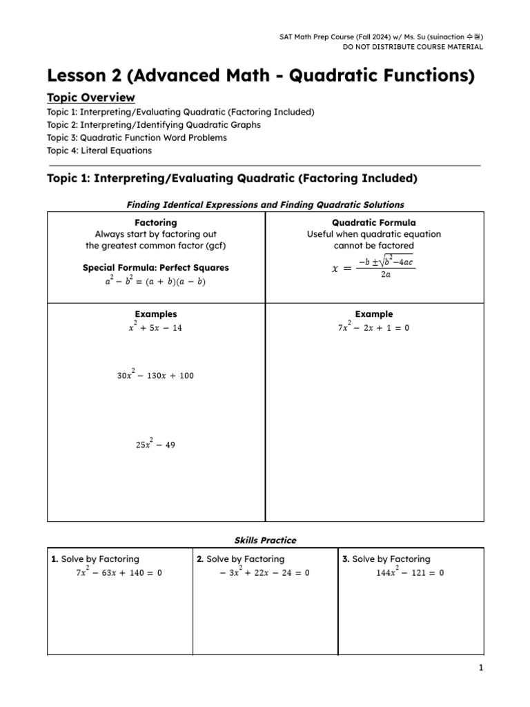 SAT Math: Quadratic Functions Guide | PDF | Quadratic Equation ...
