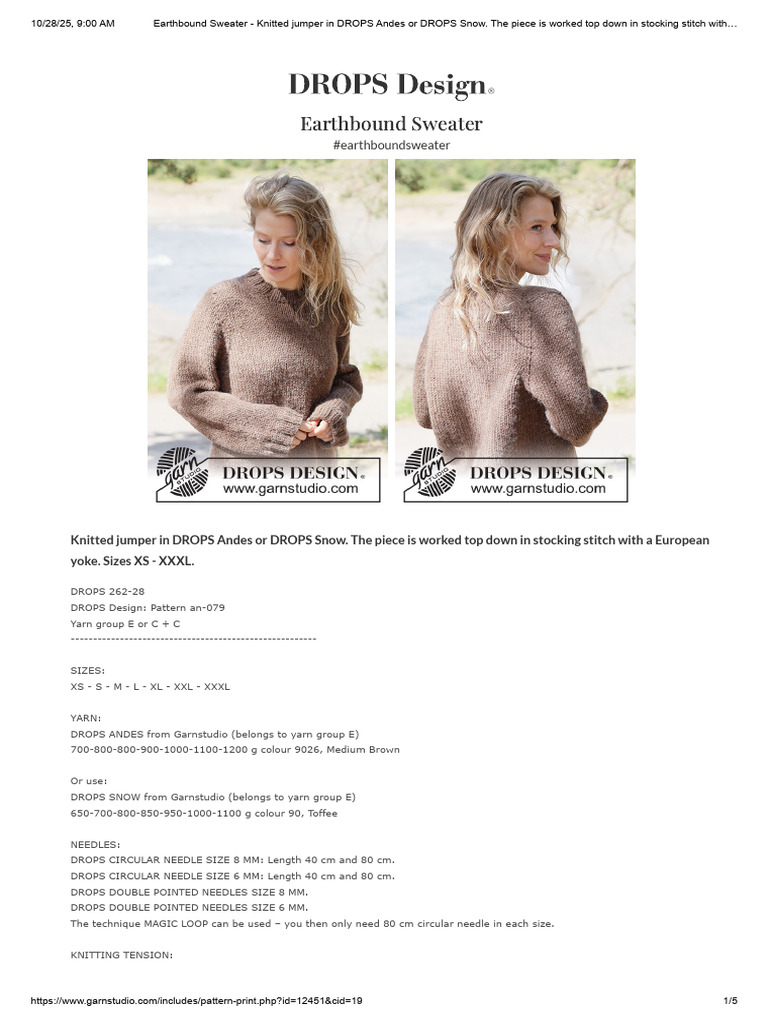 Earthbound Sweater Knitting Pattern | PDF | Knitting | Knitting Needle