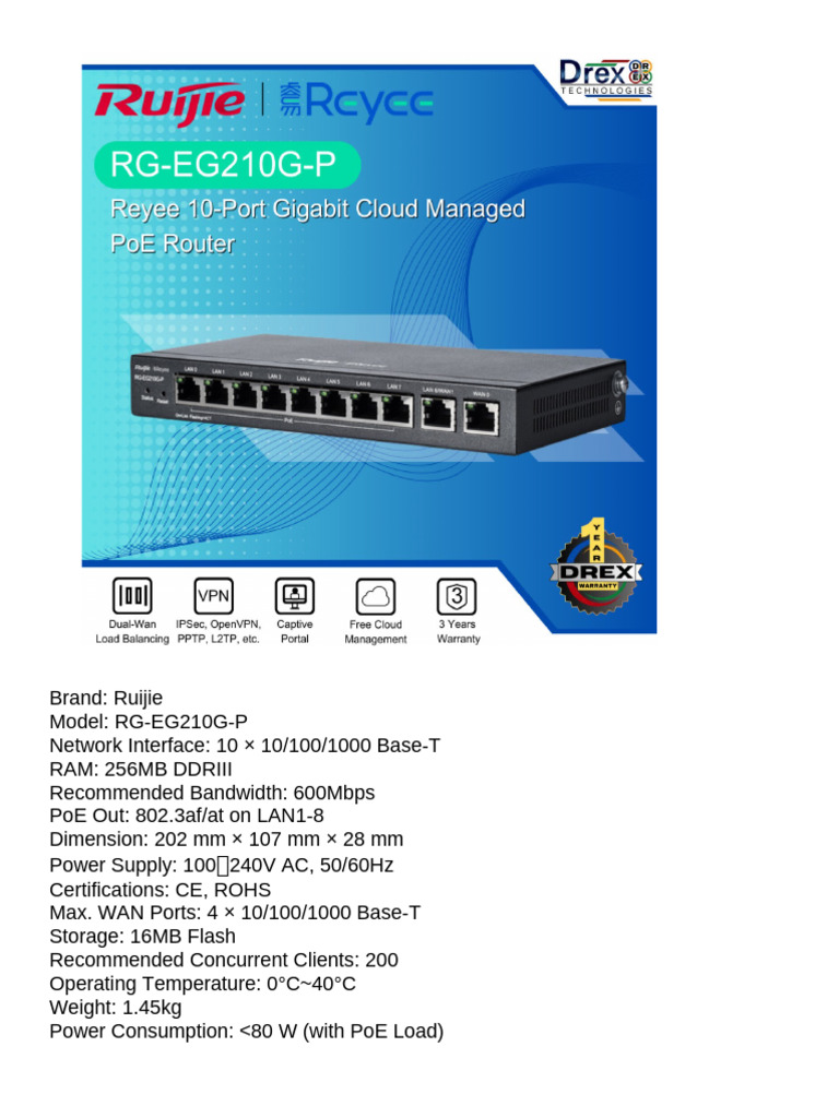 Ruijie RG-EG210G-P Specifications Guide | PDF