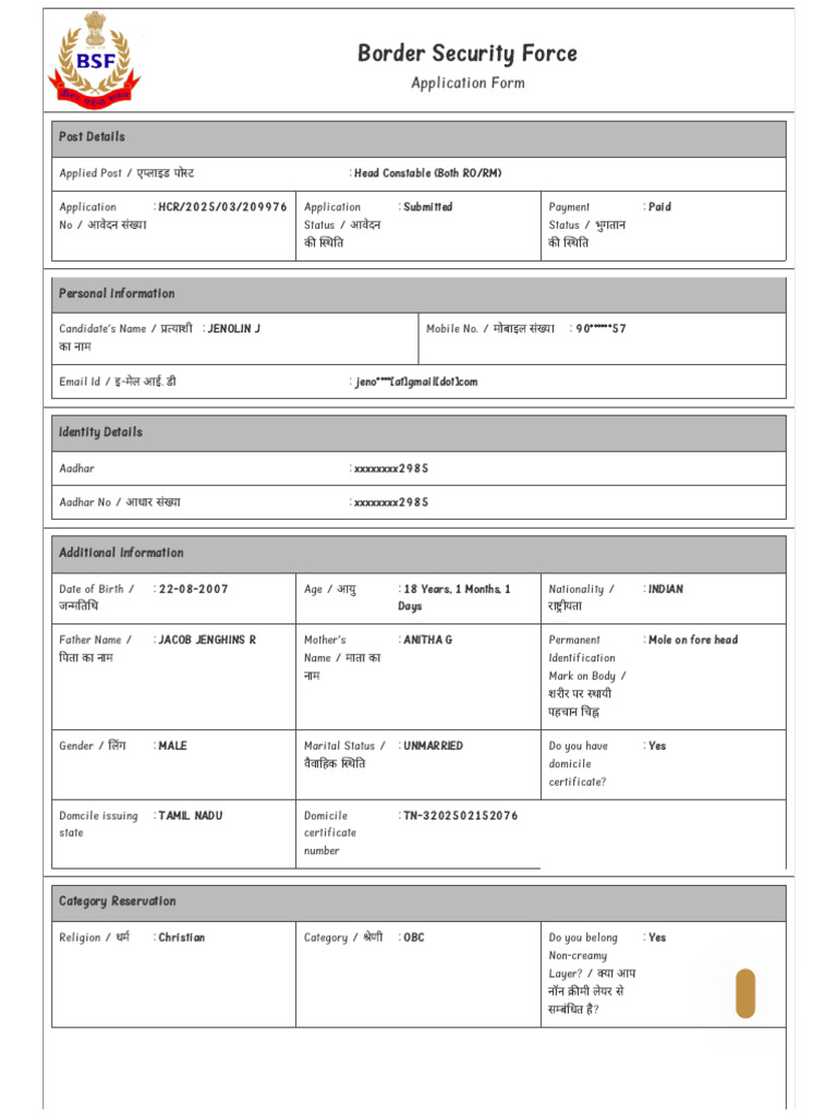 Head Constable Application - BSF 2025 | PDF