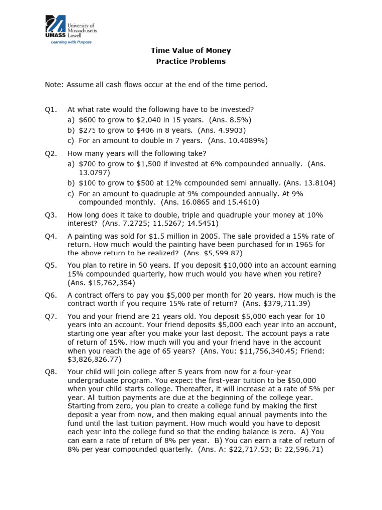 Time Value of Money Practice Problems | PDF | Annual Percentage Rate ...