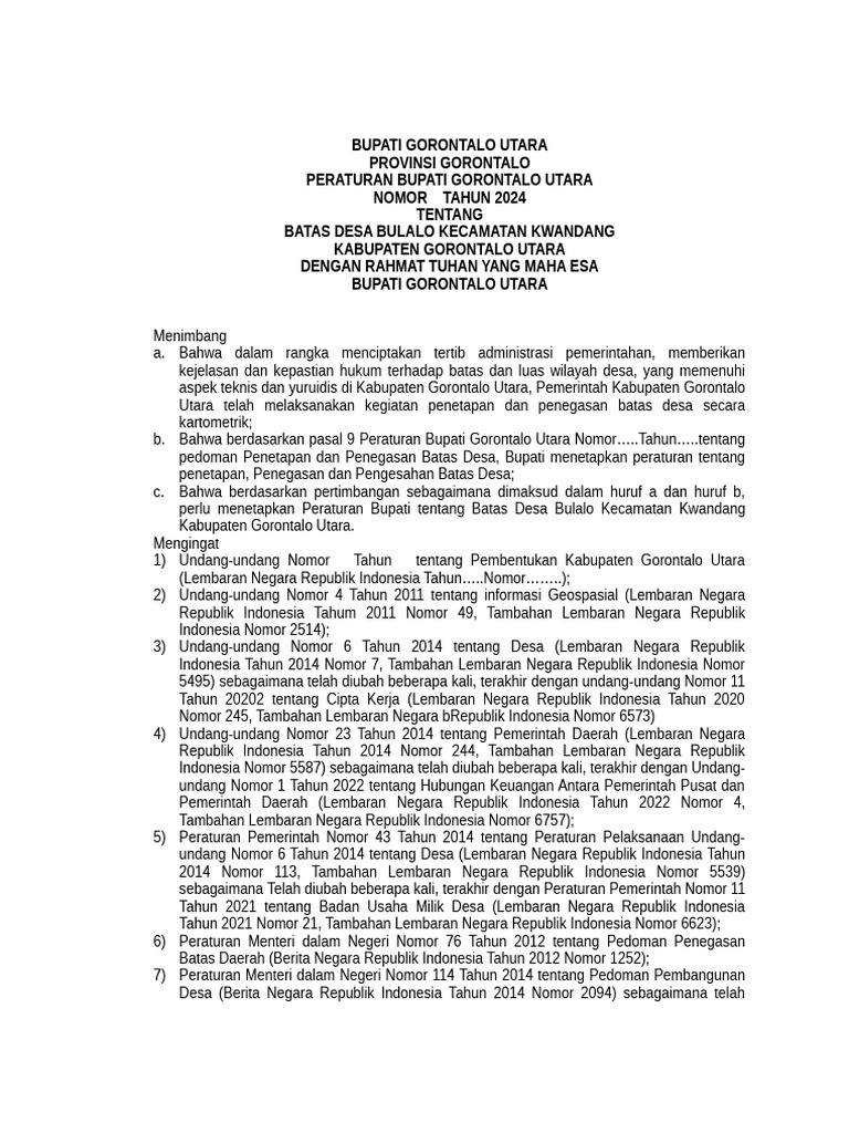 Draft Perbup Batas Desa Bulalo | PDF