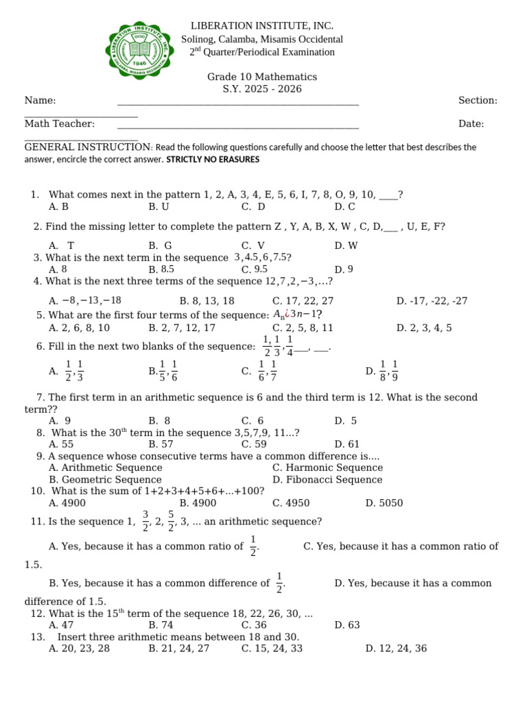 Grade 10 Math Periodic Exam 2025-2026 | PDF | Circle | Trigonometric ...