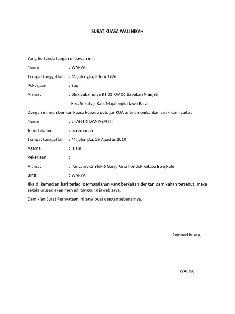 Surat Kuasa Wali Nikah Warya | PDF