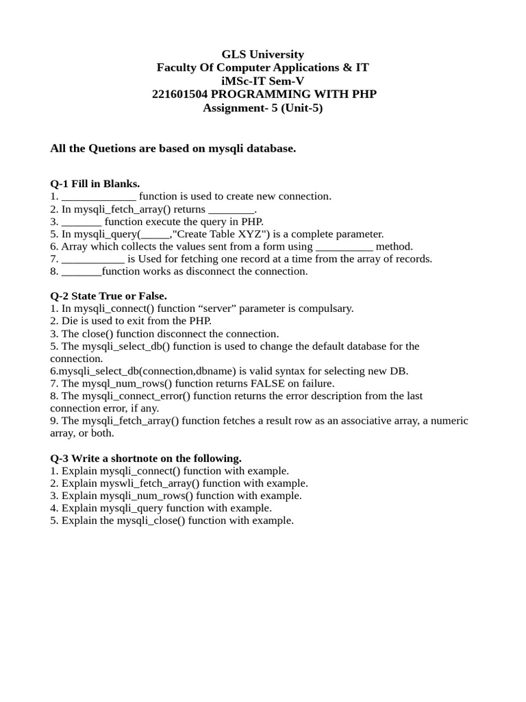 PHP MySQLi Functions Assignment Guide | PDF
