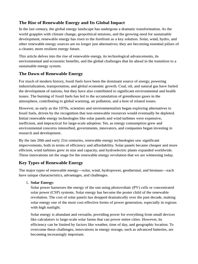 The Rise of Renewable Energy and Its Global Impact | PDF | Renewable ...