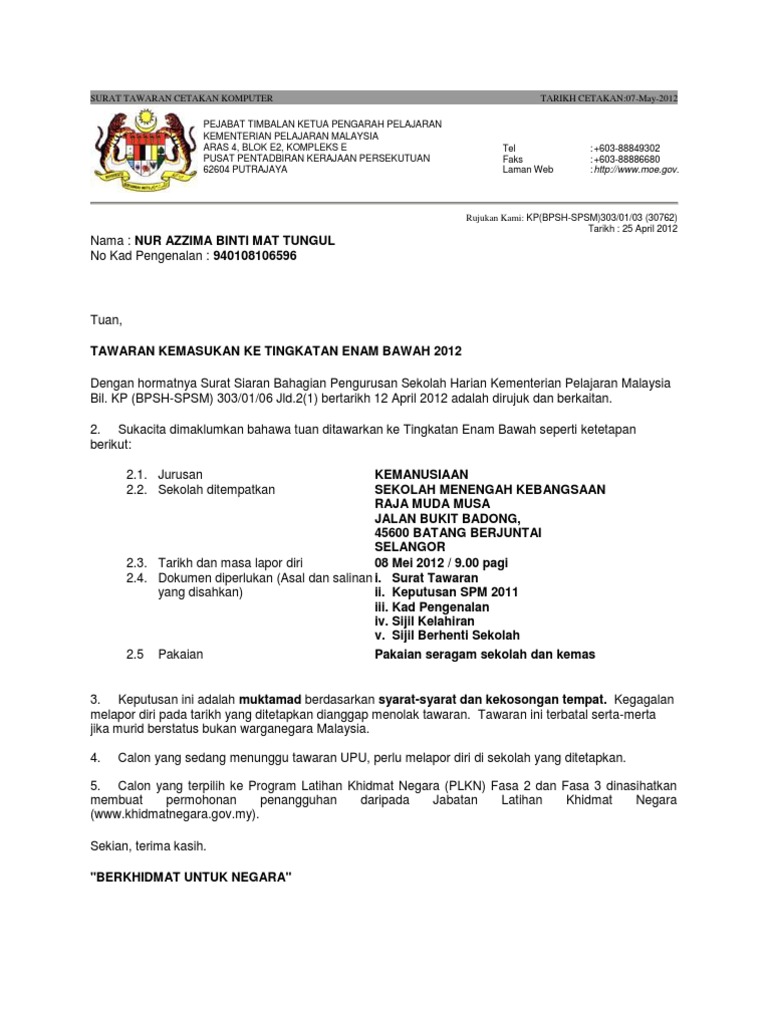 Print Semula Surat Tawaran Tingkat 6 2019