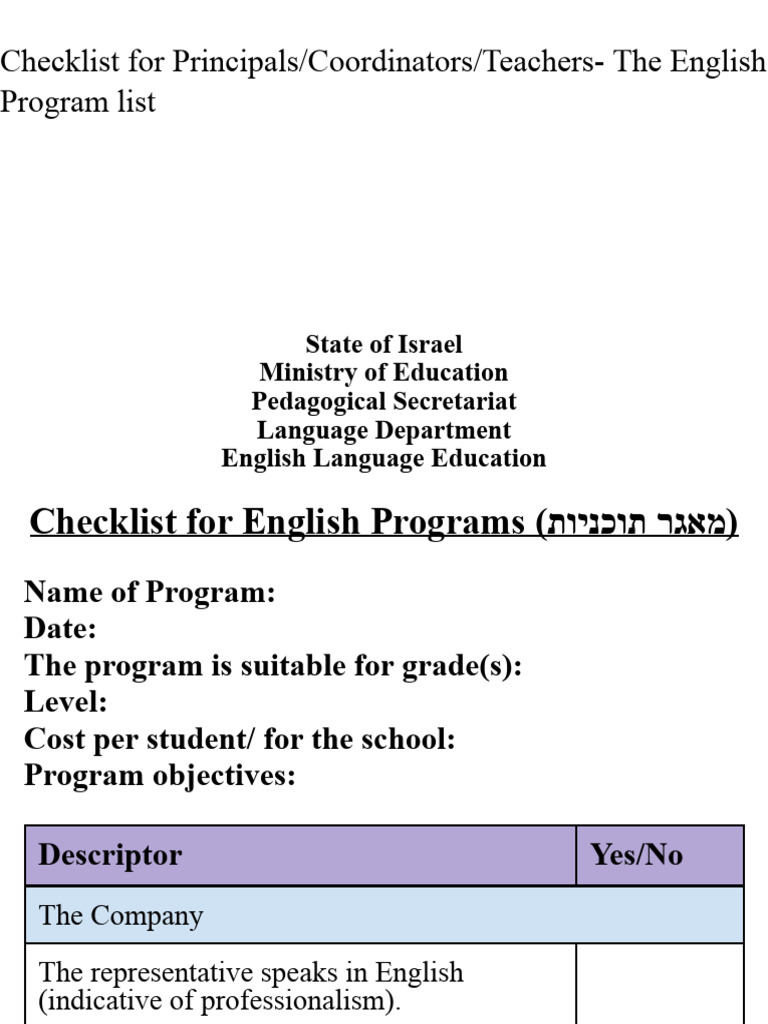 Checklist For Principals/Coordinators/Teachers-The English Program List ...