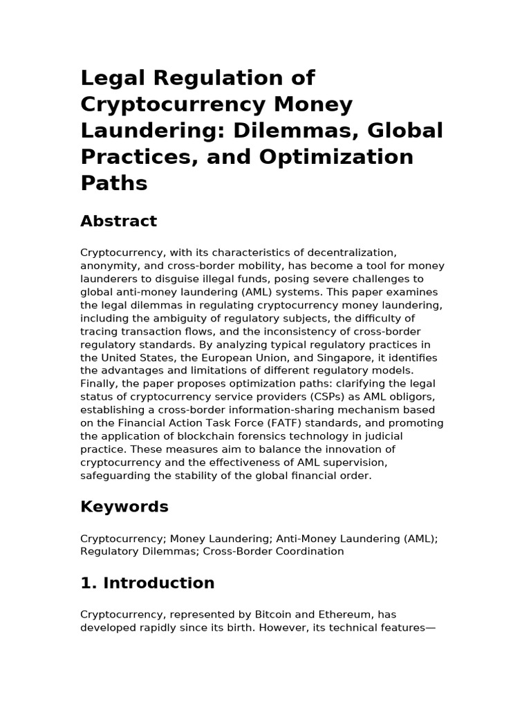Legal Regulation of Cryptocurrency Money | PDF | Cryptocurrency | Money  Laundering