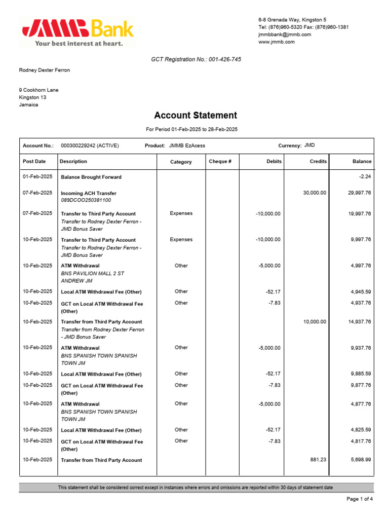 JMMB EzAcess Account Statement February 2025 | PDF | Debits And Credits ...