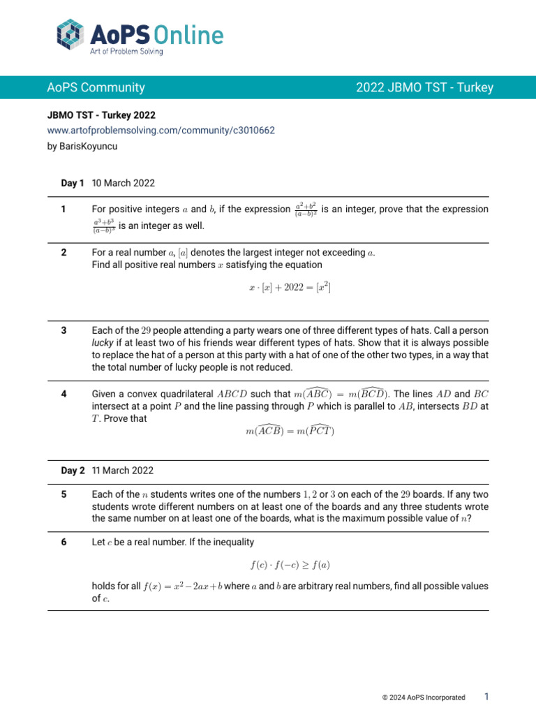 2022 JBMO TST Turkey Problems | PDF | Mathematical Analysis | Geometry