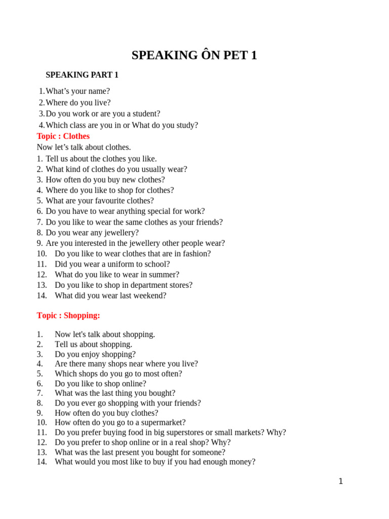 PET Speaking Topics: Clothes & Shopping | PDF